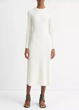 Vince Ribbed Long Sleeve Crew Neck Midi Dress Ivory Cotton Blend Size Small